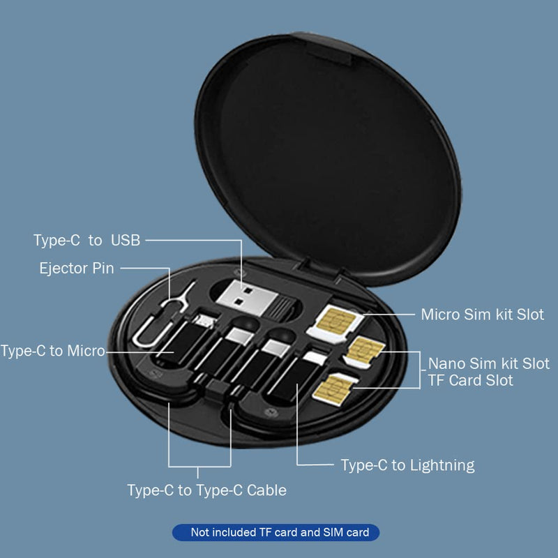 USB Adapter Cable Conversion Storage Box, Multi-Type Charging Line Convertor Lightning Type C Micro Data Transfer Tool Contains Sim Card Slot Tray Eject Pin, Use as Phone Holder (Black) Black