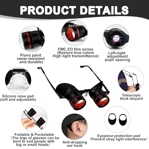 BIJIA 3X Hands-Free Binocular Opera Glasses, for concerts, theater, opera, sports events, travel, museum, close-up wildlife viewing and fishing, clear edge-to-edge optics, adjustable focus (HD lenses) Black frame, red-coated lenses