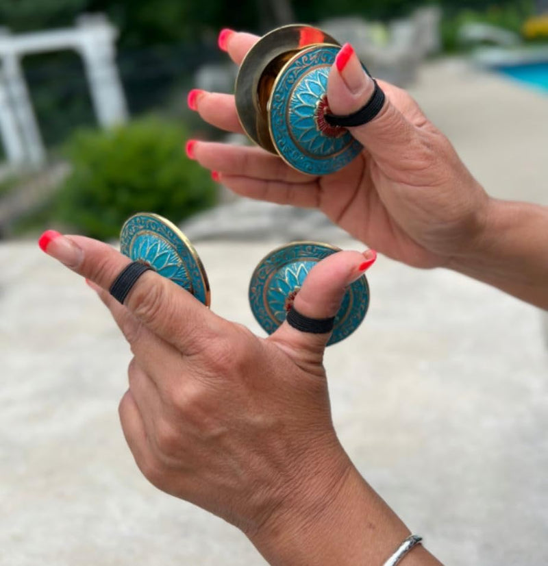 [AUSTRALIA] - 2 Pairs Brass Floral Finger Cymbals Zills for Belly Dancing (Turquoise) Turquoise 