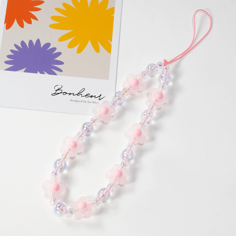 1-2 PCS Flower Beaded Mobile Phone Charms Lanyard Aesthetic Sweet Cute Phone Wrist Strap Anti-Lost Chain for Women Girls Pink C