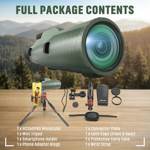 Monocular Telescope - 12x56 High Powered, Compact, Dust-Proof, Waterproof, Handheld Scope with Smartphone Adapter and Metal Tripod - Ideal for Hunting, Stargazing, Birdwatching, and Outdoor Adventures Green Monocular 12 x 56