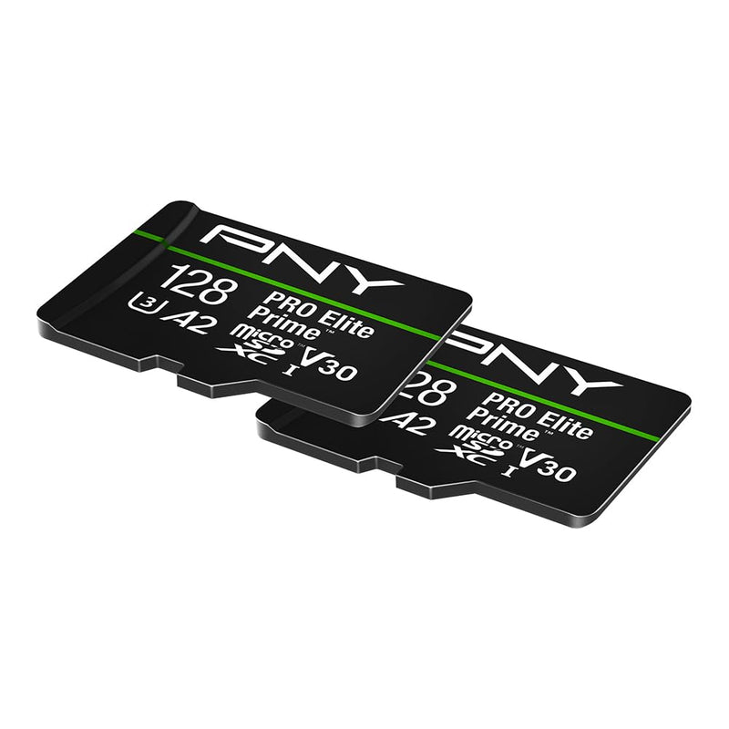 PNY 128GB PRO Elite Prime C10 U3 V30 A2 microSDXC Flash Memory Card – Ultra-Fast Speeds, Read 200MB/s, Write 150MB/s, 4K UHD, Full HD, UHS-I, for Smartphones, Drones, Action Cameras, 2-Pack 128GB 2-Pack
