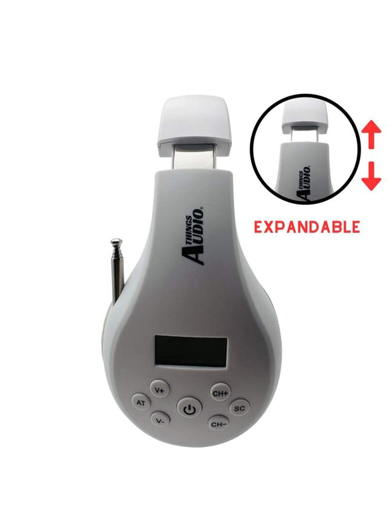 KQEC FM Radio Headphones, White & Rose Gold | Adjustable, Pull-Out Antenna, Portable Personal Radio, Battery Powered