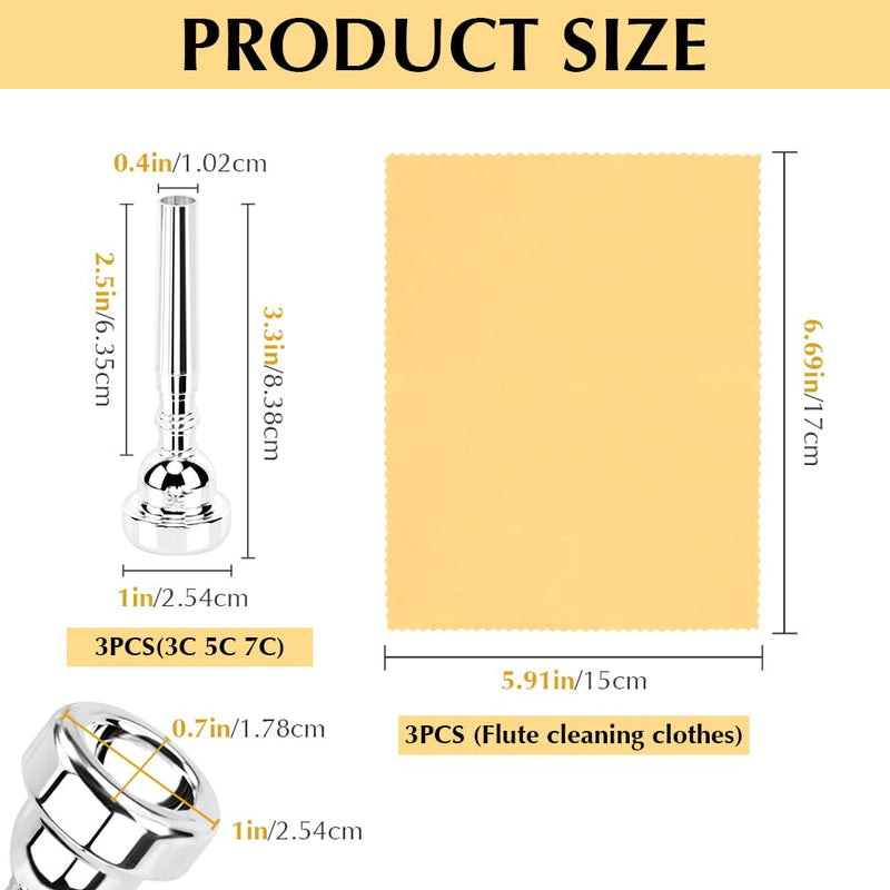 3C/5C/7C Trumpet Mouthpiece Set, Professional Trumpet Mouthpiece Replacement Parts Trumpet Tone Gift with Cleaning Cloth, Musical Instruments Accessories for Beginners(Yellow+Silver) Yellow+silver