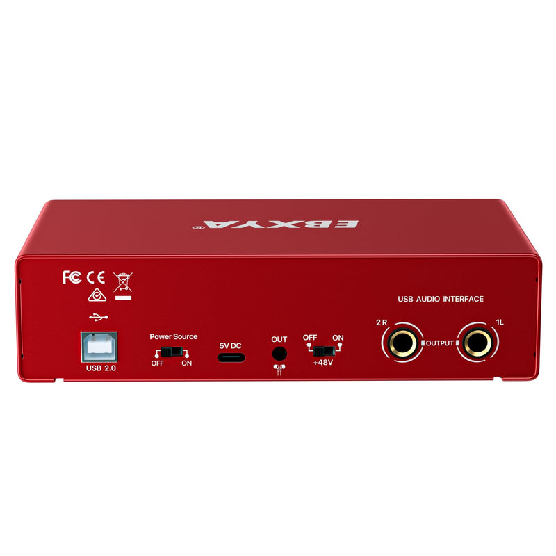 EBXYA 2i2 USB Audio Interface for PC Recording, 24-bit/192kHz Plug and Play USB Interface +48V Phantom Power for Music, Studio, Guitar, Podcast, Streaming(Metallic Red) Audio Interface-Red