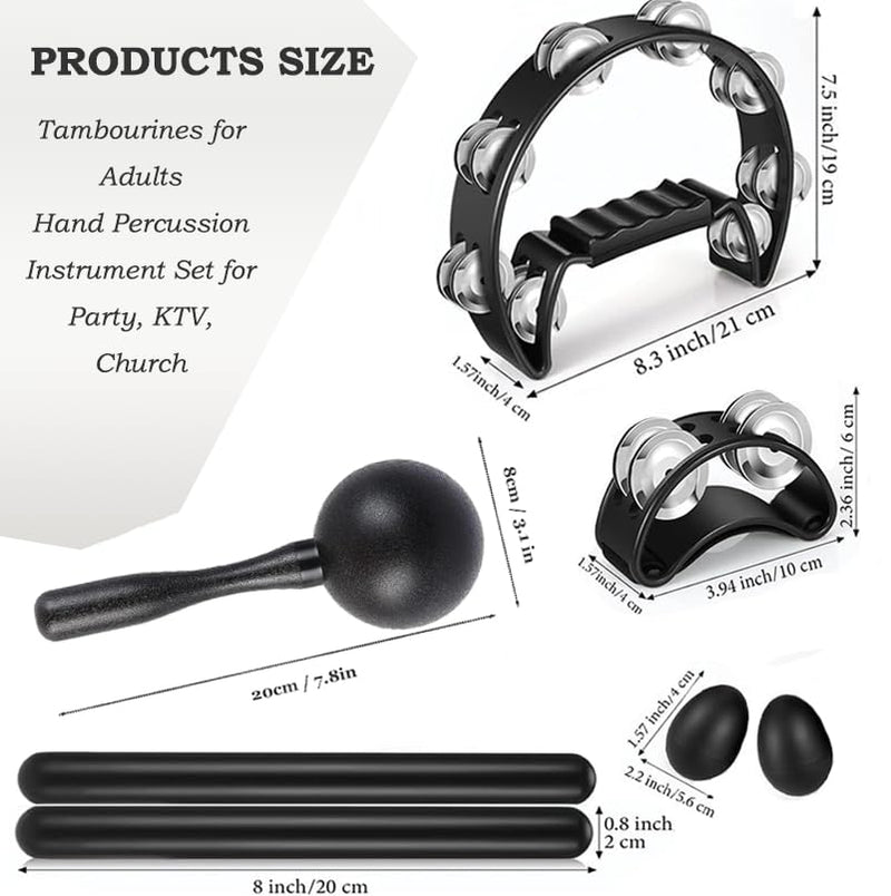 [AUSTRALIA] - 8 Pcs Tambourines for Adults Metal Jingles Half Moon Tambourine, Foot Tambourine, Wood Rhythm Sticks，Egg Shakers, Sand Hammer, Hand Percussion Instrument Set for Party, KTV 