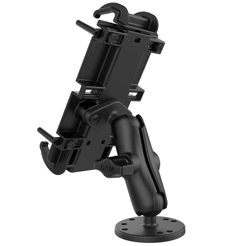 RAM MOUNTS Quick-Grip XL Phone Mount with Drill-Down Flat Surface Base | Fits large phones, B Size 1" ball with medium arm for cars, trucks, boats and flat surface mounting