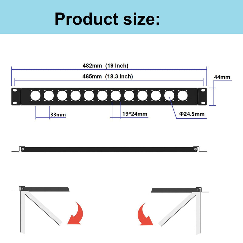 1U Hinged D-Series 12 Connectors Punch-out Component Panel for 19 inches Sound, AV, Computer -Equipment Racks- Patch Panel Compatible with XLR, HDMI (1U12D)