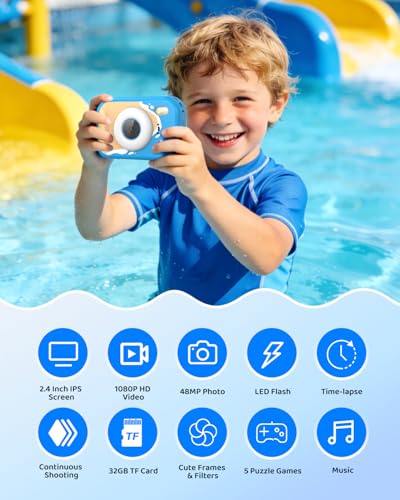 Waterproof Kids Camera, Underwater Camera for Kids 1080P Digital Video Camcorder with 2.4” Display, 32GB TF Card, Emergency LED Flash, Diving Swimming Beach Pool Toys for 3-12 Years Old Boys, Blue