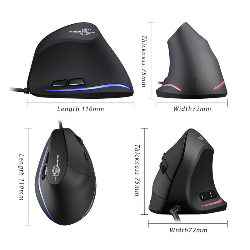 Zelotes T20 Vertical Mouse, Wired Ergonomic Mouse, 3200DPI,6 Buttons, LED Optical Mouse Mice for Computer, Laptop, PC – Black