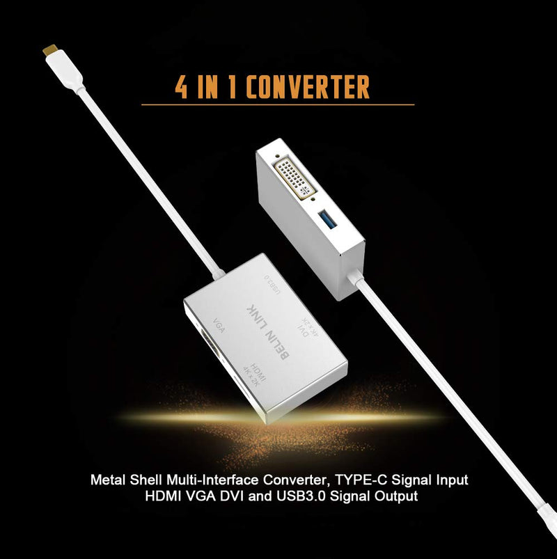 BELIN LINK USB C to HDMI DVI VGA USB 3.0 Adapter,USB 3.1 Type-C 4in1 Hub to HDMI DVI 4K VGA USB Adaptor Converter (Thunderbolt 3 Compatible), USB-C Adapter for MacBook/MacBook Pro air/Surface pro TC 4IN1