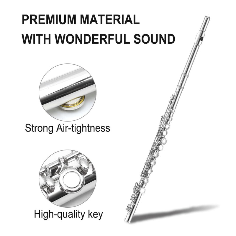 New 16 Hole C key Flute with Gloves Cleaning Rod Case Closed hole Nickel Silver Flute instrument (#silver) #silver