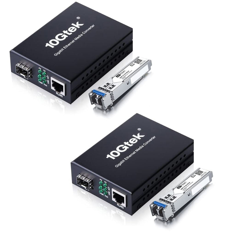 A Pair of Gigabit Single Mode Media Converter with 10m OS2 LC to LC Fiber Cable, 2 Pcs Fiber to Ethernet Converter, 2 pcs SFP LX Modules, 1000Base-LX to 10/100/1000M RJ45, SMF, 1310nm, up to 20km