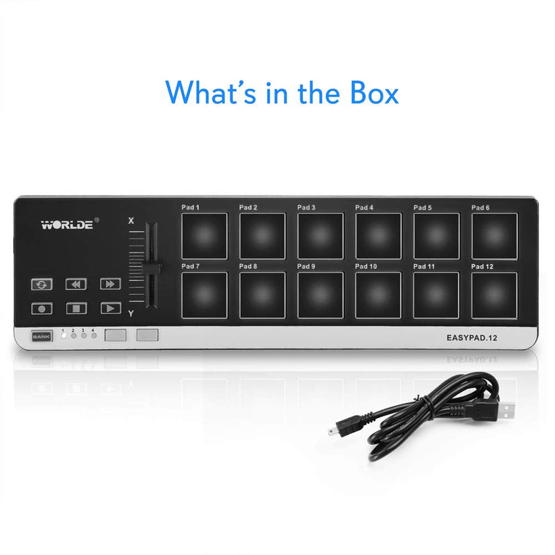 USB MIDI Controller Drum Pad - Mini Portable Beat Maker Workstation Equipment w/ 12 Drum Pads, DJ Fader Slider & Transport Buttons - Control any DAW Software Kit for Laptop Recording - Pyle PMIDIPD20