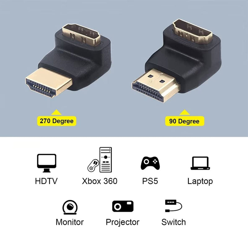 VCE HDMI 90 and 270 Degree Adapter 2-Pack, Right Angle HDMI Male to Female L Adapter Connector 3D&4K Supported