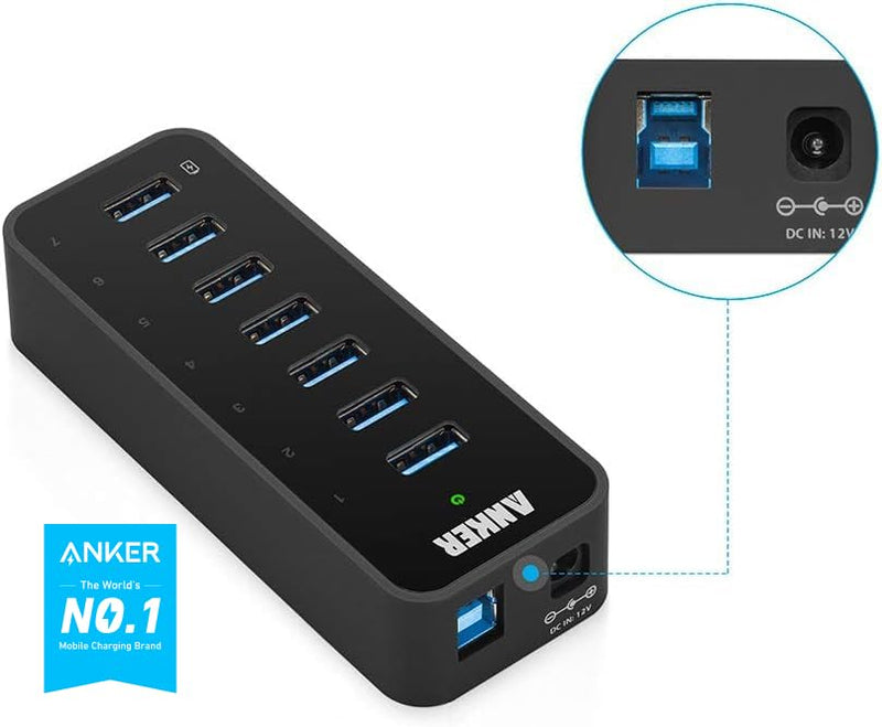 Anker 7-Port USB 3.0 Data Hub with 36W Power Adapter and BC 1.2 Charging Port for iPhone 7/6s Plus, iPad Air 2, Galaxy S Series, Note Series, Mac, PC, USB Flash Drives and More