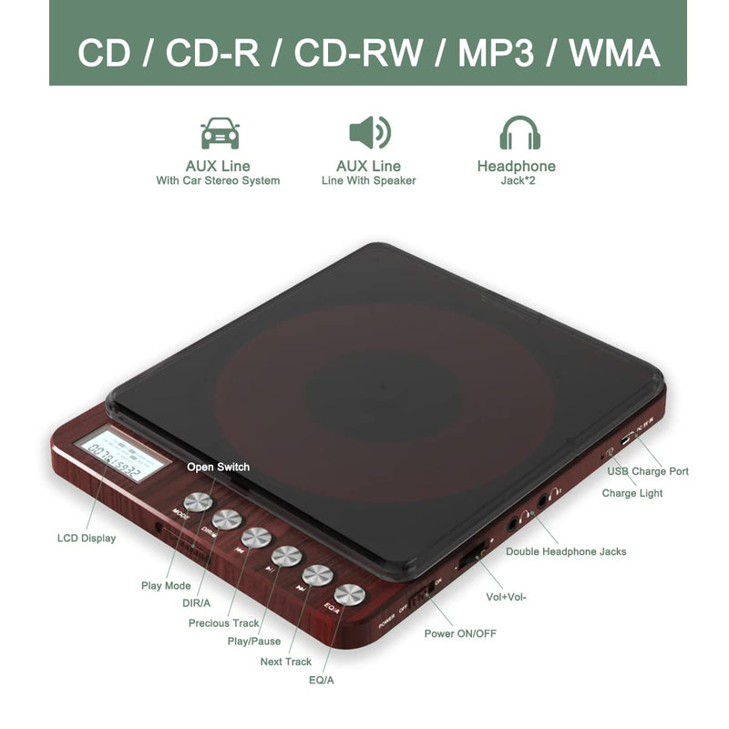 [AUSTRALIA] - Portable CD Player with Speakers 2000mAh Rechargeable CD Player Portable with Double 3.5mm Headphones Jack,Small Anti-Shock Personal CD Player for Car Aux or Home Music Player 806-Red 