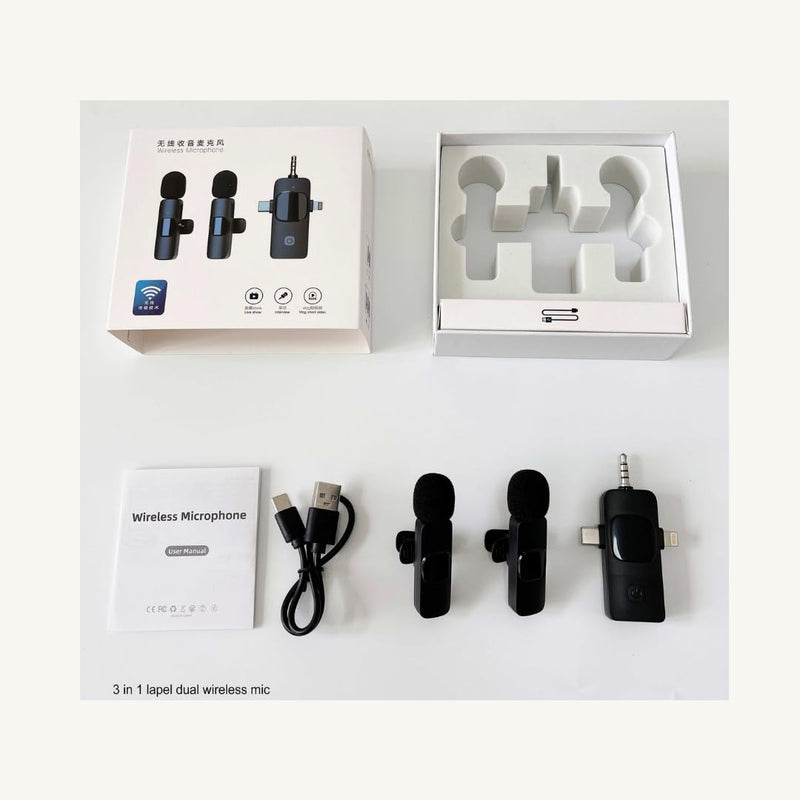 Generic K15 3 in 1 Wireless Lavalier Microphone for IPHONE/ANDROID/TABLET/Perfect for vlogging, podcasts, presentations, live performances, and professional recordings., Black