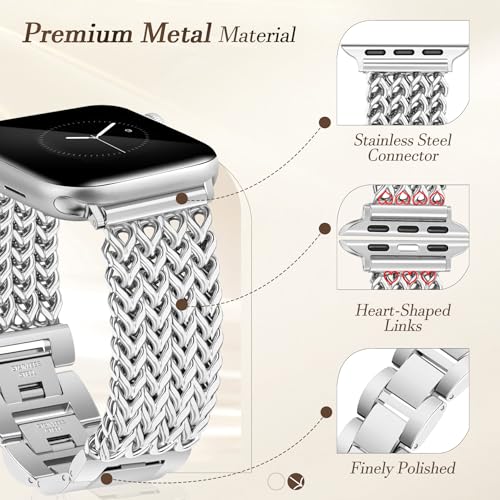 JR.DM Boho Beaded Watch Band Silver Stainless Steel Bracelet Strap Bundle Compatible with Apple Watch 38mm 40mm 41mm 42mm 44mm 46mm 45mm 49mm Women for iWatch Series 11/10/9/8/7/6/5/4/3/2/1/SE/Ultra
