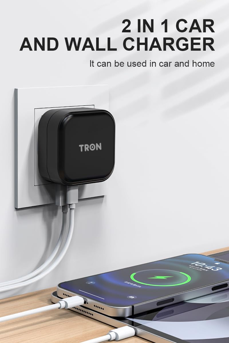 TRON Wall & Car Charger Travel Charging Station, 36W Dual USB-C & USB-A Fast Charger, Foldable for iPhone, iPad, Android, Earbuds – TR17