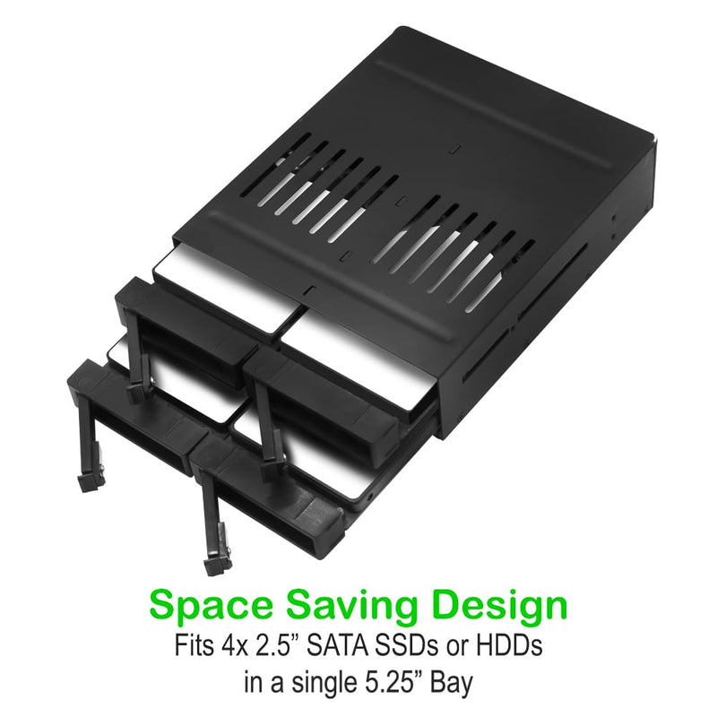 KINGWIN 4-Bay 2.5” SATA Removable SSD/HDD Mobile Rack, Hot-Swap 5.25” Internal Drive Cage, Compatible with 6Gbps SATA I/II/III, 7–9.5mm Drives, Metal Frame, LED Indicators