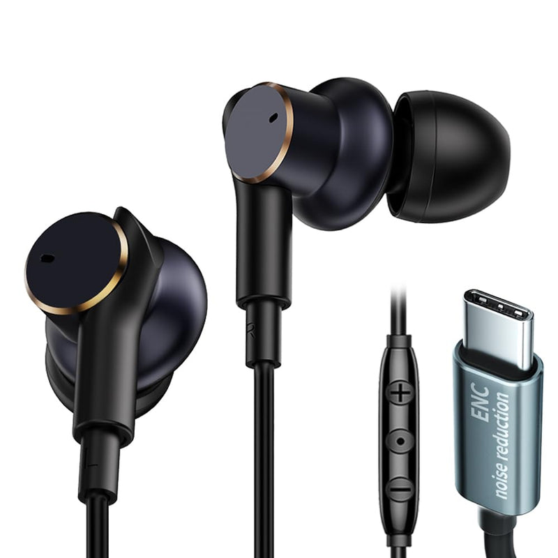 USB C Wired Headphones with Noise-Canceling Mic Powerful Bass In ear Earbud | Dual-Driver Noise-Isolating Wired Earbuds Call Noise Reduction,Type C Plug Deep Bass Earphones with DAC & HD Sound Black