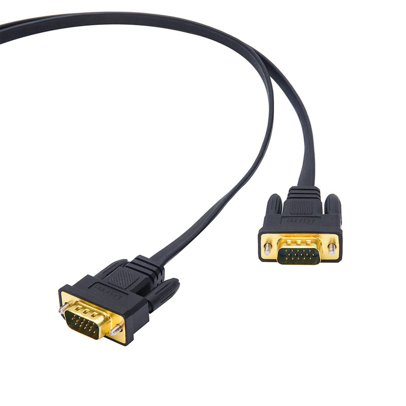 DTech 5M Ultra Thin Flat Type Computer Monitor VGA Cable Standard 15 Pin Male to Male Connector SVGA Wire 16 Feet - Black 16ft