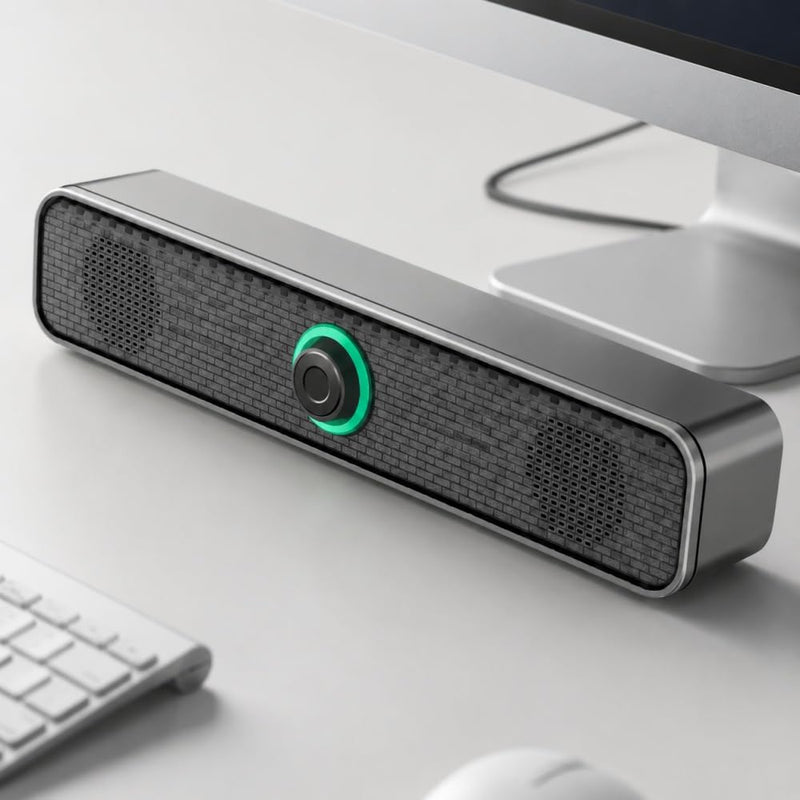 USB Computer Speaker Long Strip Wired Desktop Sound Bar with Knob Volume Control for Laptop PC Office Gaming Streaming Home, Black