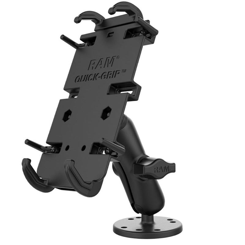 RAM MOUNTS Quick-Grip XL Phone Mount with Drill-Down Flat Surface Base | Fits large phones, B Size 1" ball with medium arm for cars, trucks, boats and flat surface mounting
