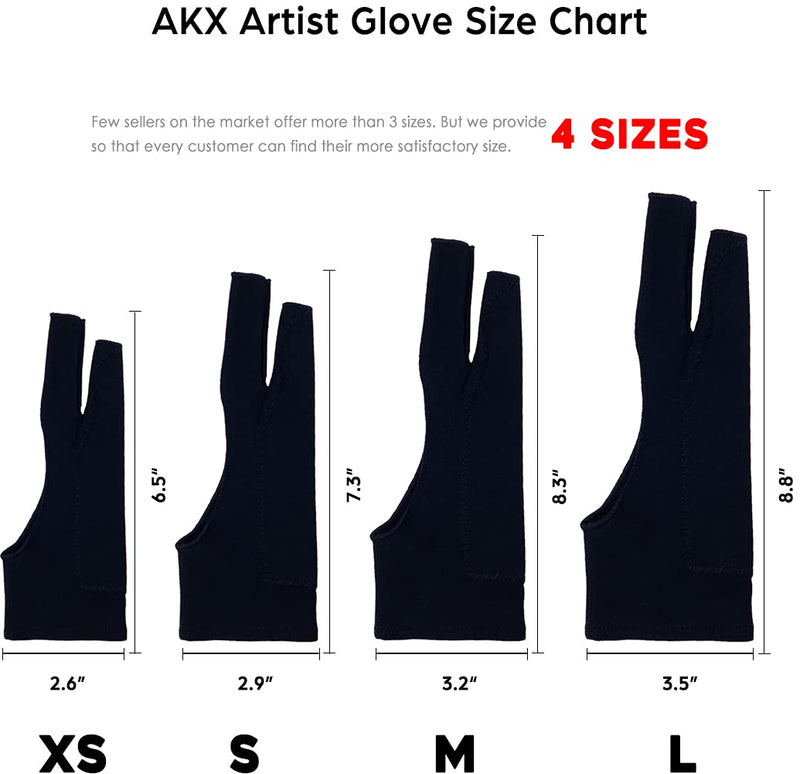 AKX Artist Glove Large - 2 Pack Palm Rejection Drawing Glove for Graphic Tablet, iPad - Smudge Guard, 2 Finger, Elastic Lycra, Fingerless Glove, Good for Left and Right Hand, Black | AK-020 L 2 Finger, Black