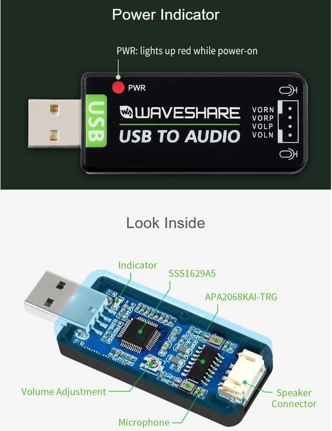 USB Sound Card with 8Ω 5W Speaker for Raspberry Pi/Jetson Nano | USB to Audio Adapter, Recording and Playback, Stereo Codec Onboard Microphone and Speaker Header, Driver-Free, Plug and Play