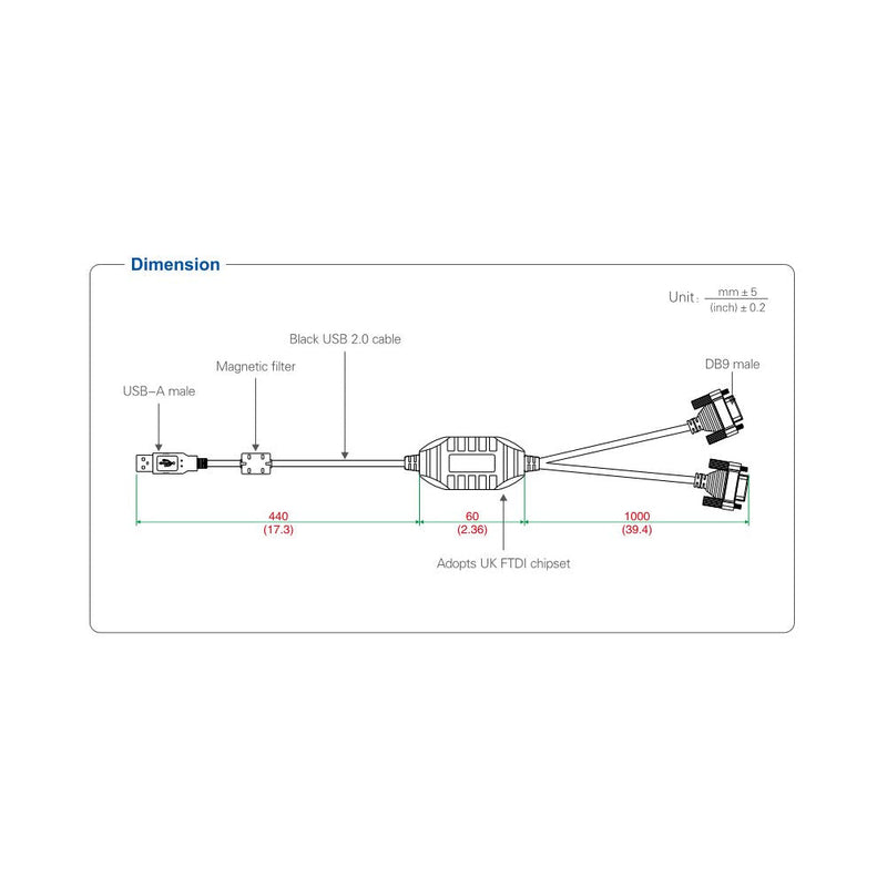 USB to 2 Ports RS232 Converter Adapter, DB9 pin Adopts UK FTDI Chipset, Win XP/Vista/7/8/10/CE/Mac/Linux Supports 4.9ft Length UT-8812