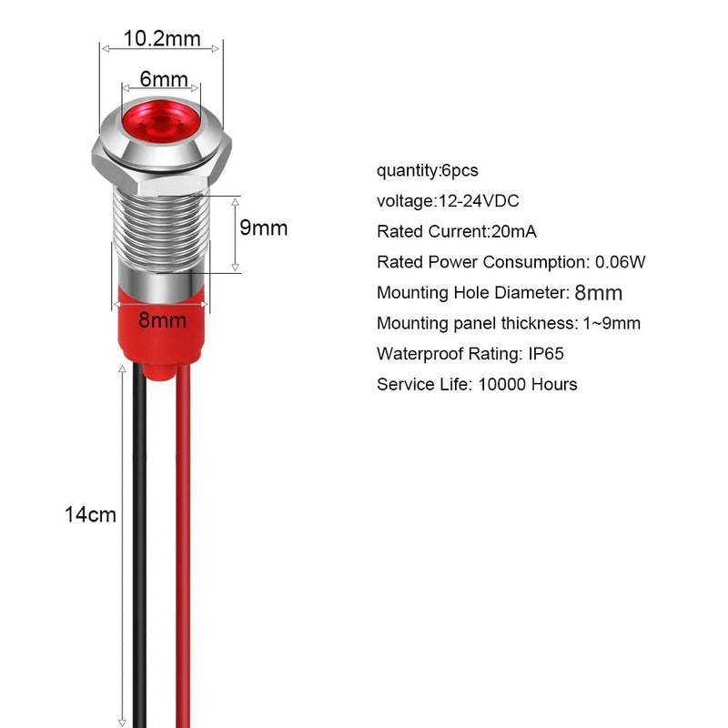 GUUZI 8mm LED Indicator Light 12-24V Waterproof Signal Light Metal Plate LED Indicator Signal Light Plate Mount Flat Head with Wires Silver Housing (Red, 6 Pieces) Red