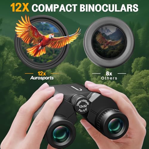 Aurosports 12x32 Compact Binoculars for Adults - Small Binoculars with FMC Lens & BAK4 Prism - Wide 273ft/1000yds Field of View - Easy Focus Binos for Bird Watching Traveling Gifts for Men Women 12x32-Compact