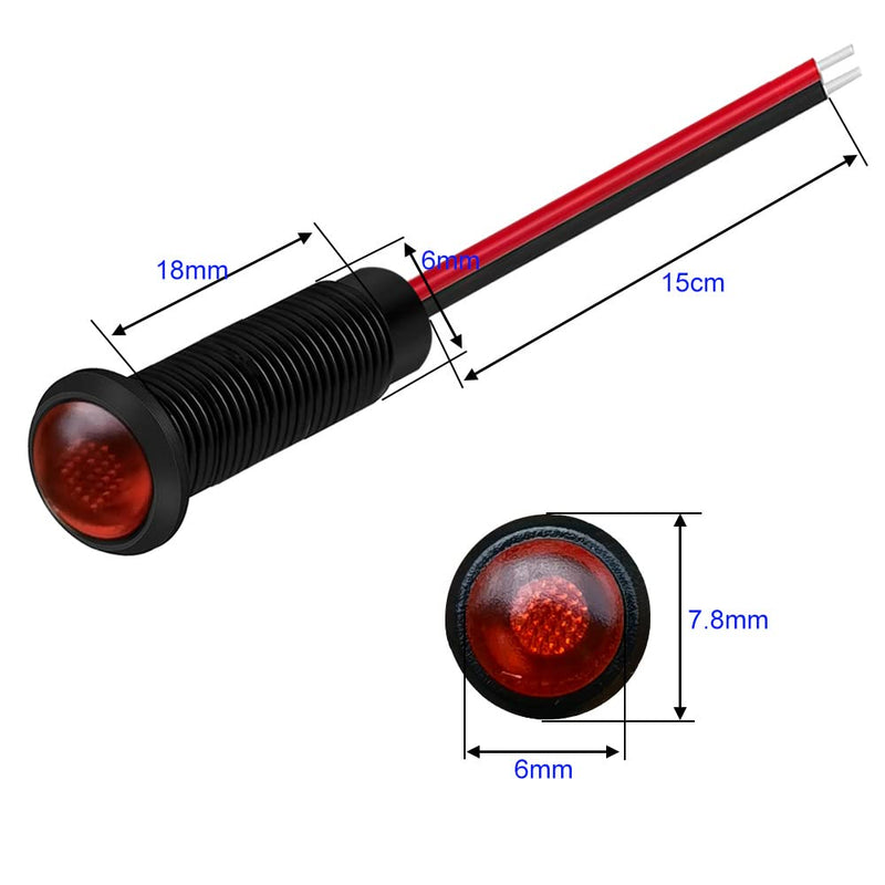 10pcs LED Plastic Indicator Pilot Light AC/DC 12-24V Mounting Hole Size 6mm(Red) red/12-24V/black shell