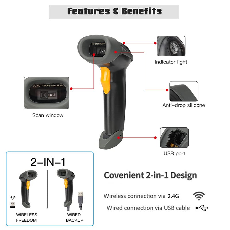 [AUSTRALIA] - 1D CCD 2.4G Wireless Bar Code Scanner Versatile 2 in 1 (Wireless+USB Wired), UNIDEEPLY Automatic Barcode Reader Scanner 196 Feet Indoor Transmission Distance, Scanning Gun for PC Computers, Black 