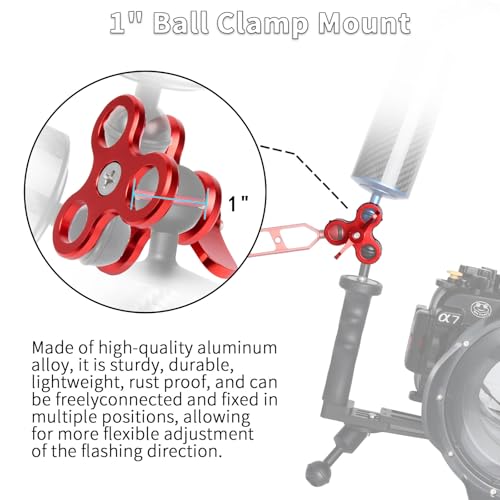 3-Hole 1" Aluminum Underwater Camera Clamp Ball Mount (2-Pack) - Underwater Bracket for Diving Light Arms & Camera Trays, Saltwater-Resistant Adapter for Scuba Photography/Videography Gear Triple Holes Red