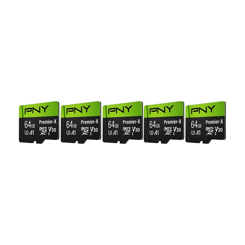 PNY 64GB Premier-X Class 10 U3 V30 microSDXC Flash Memory Card 5-Pack - 100MB/s, Class 10, U3, V30, A1, 4K UHD, Full HD, UHS-I, Micro SD FLASH CARD - 5 PACK
