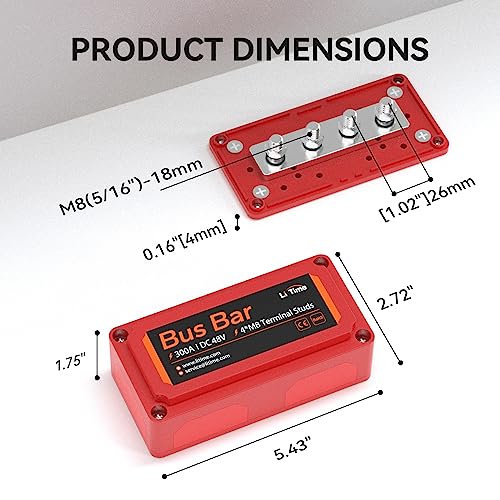 LiTime 300A Bus Bar 4*M8 Terminal Posts for LiFePO4 Batteries High Voltage and Current Suitable for Automotive, Marine, and Solar Applications and Electrical System (Red+Black)