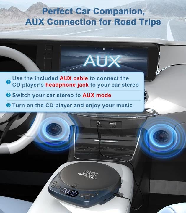 [AUSTRALIA] - Portable CD Player with Headphones, Rechargeable Discman CD Player for Car & Home, Small CD Players Portable with 60s Anti-Skip, Supports CD/MP3/WMA/TF Card/AUX, Backlit/Lock/Programmable/Timer Blue-CD Player with 1200mAh 