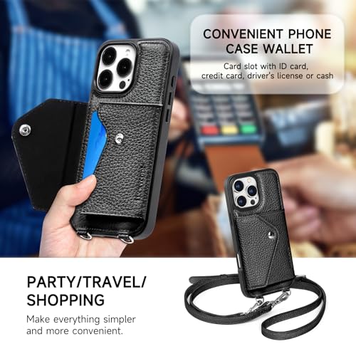 LUCKYCOIN 100% Genuine Leather Crossbody Wallet Phone Case for iPhone 16 Pro Max, Shockproof Phone Purse with Adjustable Lanyard Strap & Card Holder, Crossbody Purses for Women, Pebble Grain Black LZ-Black