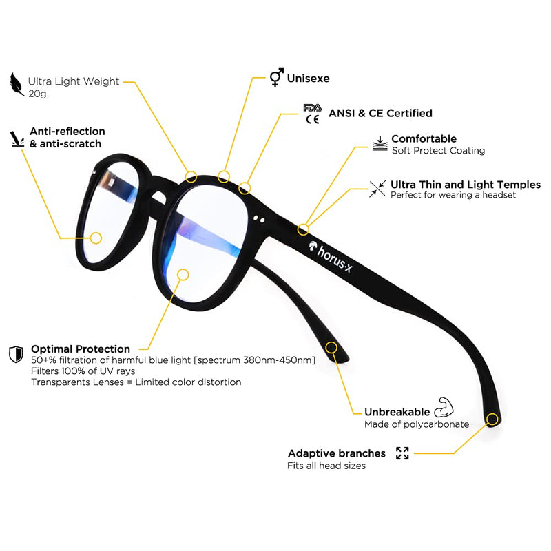 Horus X • Bundle Light Gaming & Office Glasses Rest Filter Protection [50-86%] • Anti Blue Light Screens • Video Games Computer Console PC • Gaming Accessories Pack • Men and Women