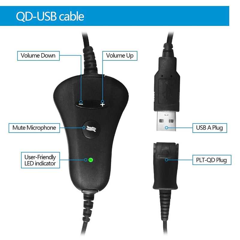QD-to-USB Adapter Cable with Volume-Mute - 5PACK for 4-Pin Plantronic-QD Plug Headset