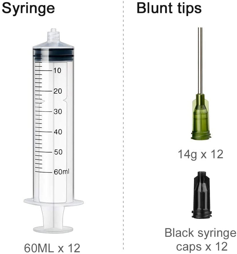 12 Plastic Syringes, 60 ml, Plastic Syringes with Cap, Dosing Syringe with Needle, Reusable Small Plastic Syringe for Liquid Measurement and Dispensing, Industrial, Animal Feeding