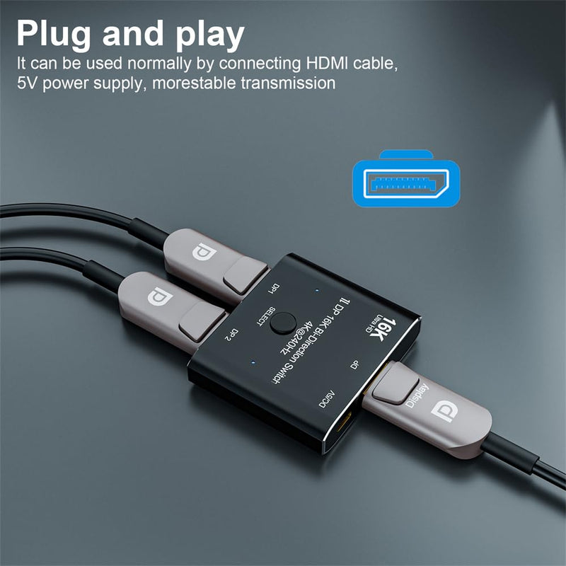 NFHK DP DisplayPort 2.0 Bi-Direction 2x1 Switch Splitter Selector Hub Support HDCP SST Extended 16K@60hz 4K@240hz Convertor DP 2x1 Switch