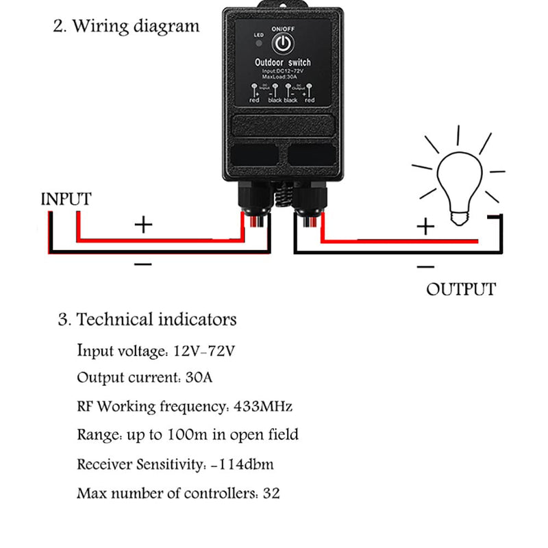 Waterproof Remote Control Relay Switch, 328ft Long Range Wireless Remote Switch,DC 12V-72V Relay RF Remote Control Switches for Outdoor Light
