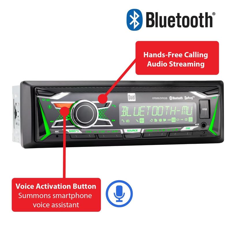 [AUSTRALIA] - Dual Electronics XRM69RGB | 12 Character LCD Single DIN Car Stereo | RGB Custom Colors | Push to Talk Assistant | Bluetooth Hands Free Calling Music Streaming | AM/FM | USB Playback & Charging 