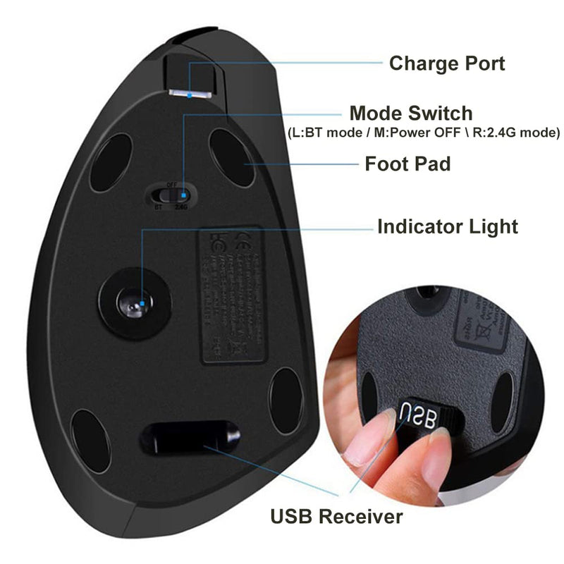 Vertical Mouse, Right Handed 2.4GHz Wireless Ergonomic Rechargeable Vertical Mouse with 4 Adjustable DPI 800/1200/1600/2400, 6 Buttons,Compatible with PC, Desktop,Mac (Black)… Black