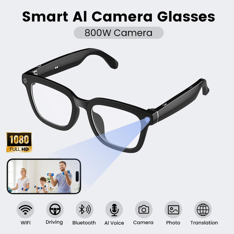 Al Smart Glasses ,1080p HD Camera with Music & Call Features, Ai Bluetooth Glasses for Remote Video Recording, Voice Control,with 32GB Storage for Travel, Sports, Outdoor Use (Anti-Blue Light Lens) Anti-Blue Light Lens
