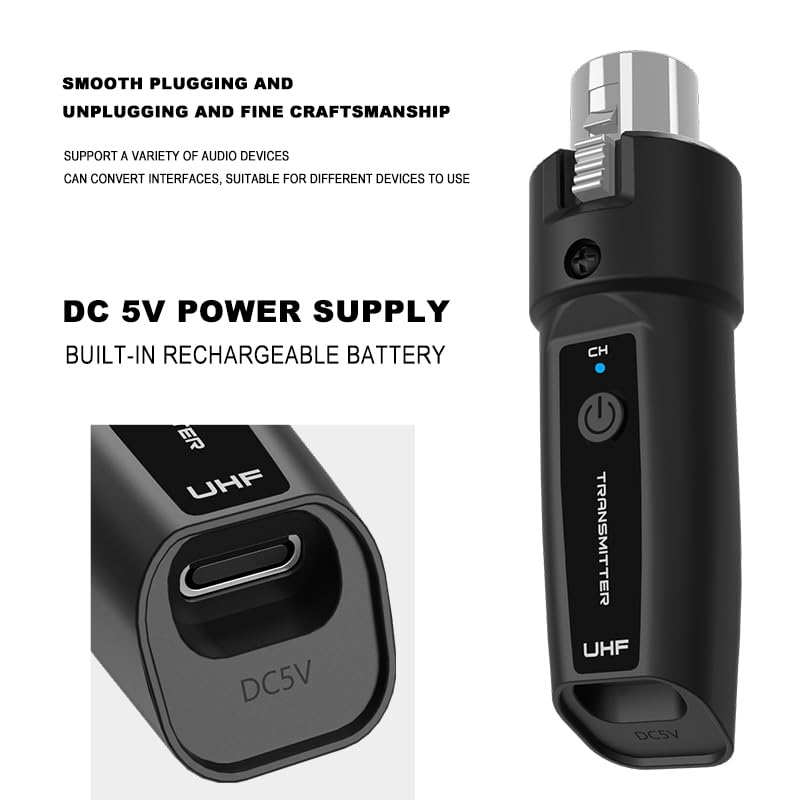 Upgrade 2.4GHZ Wireless XLR Transmitter and Receiver, Built-in Rechargeable Lithium Battery for Dynamic Microphone,Audio Mixer,Electric Guitar Bass (1 Receive + 2transmit) 1 receive + 2transmit